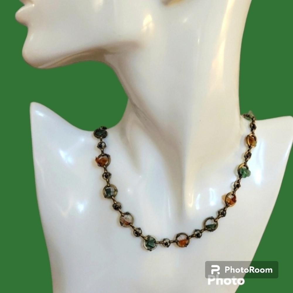 Vtg Axcess Antique Brass Gemstone Chip Wire Wrapped Circle Link Hippie Necklace